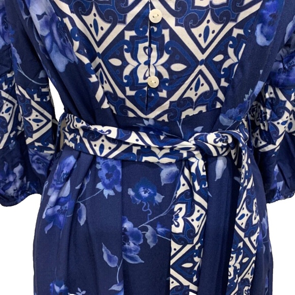 CELINA MOON BOHO BLUE PRINTED 3/4 SLEEVES BELTED MIDI DRESS SIZE L $259 - Picture 3 of 10